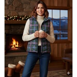 Lands' End Wmn's Size XL Plaid Quilted Puffer Vest Aspen Preppy Cozy Cabin Chic
